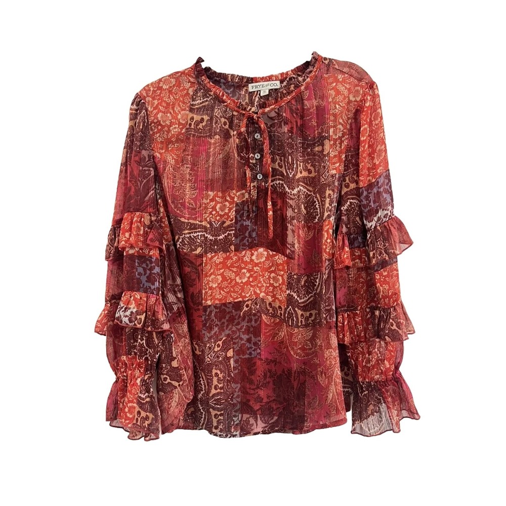FRYE AND CO Blouse Womens XL Red Paisley Tiered Ruffle‎ Sheer Boho Festival